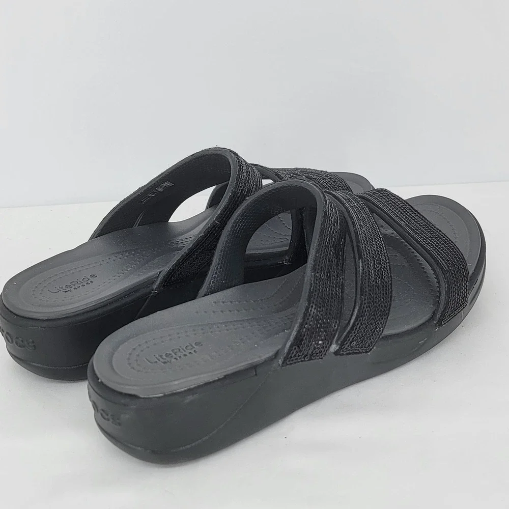 Crocs LiteRide Sequin Colorblock Wedge Sandals Womens 11 Black Strappy Slides